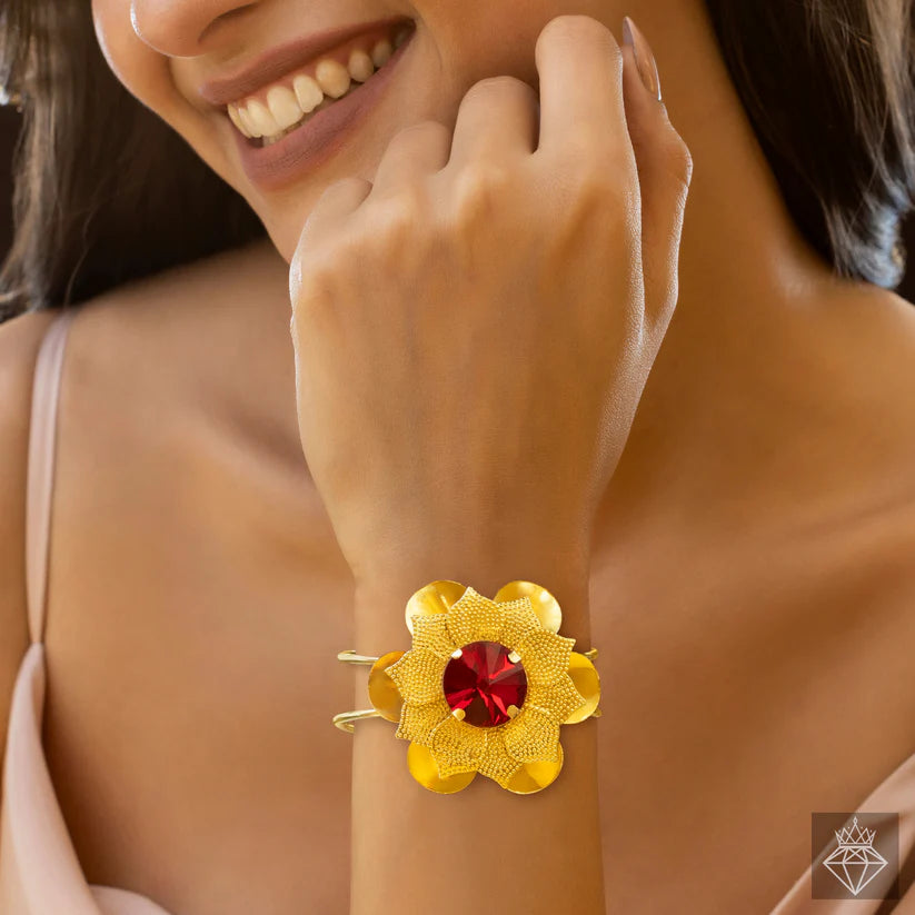 Gold Plated, Anti-Tarnish Ruby Flower Bracelet (Adjustable Size)