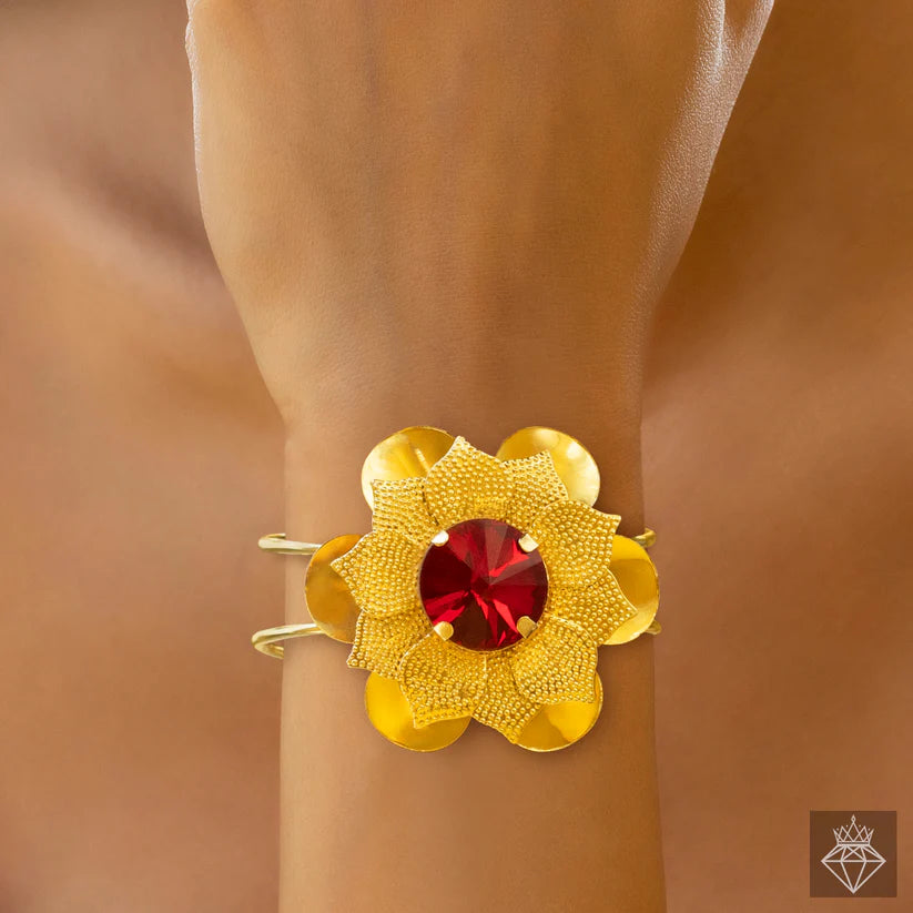 Gold Plated, Anti-Tarnish Ruby Flower Bracelet (Adjustable Size)