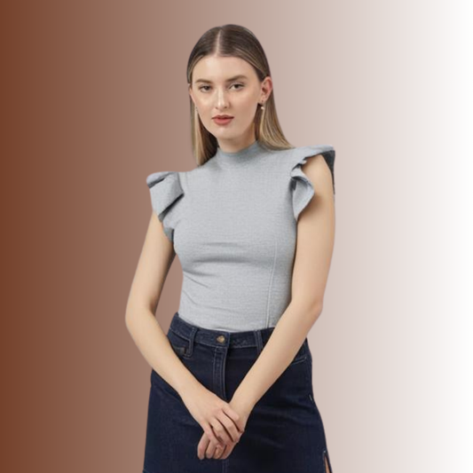 Grey Solid Ribbed top for Women
