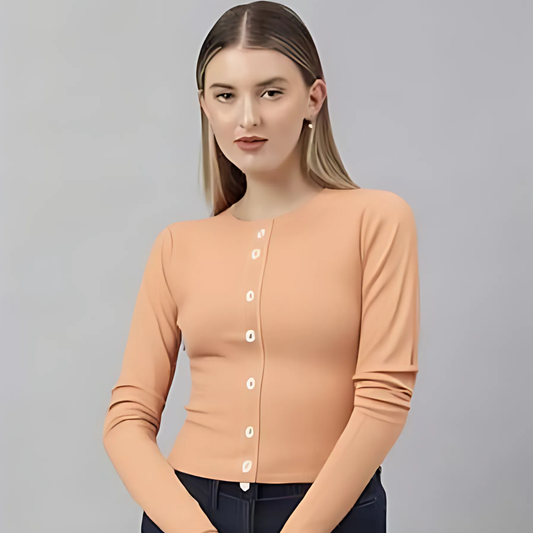 Peach Solid Ribbed top for Women