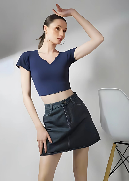 Navy Blue Solid Ribbed Crop top for Women