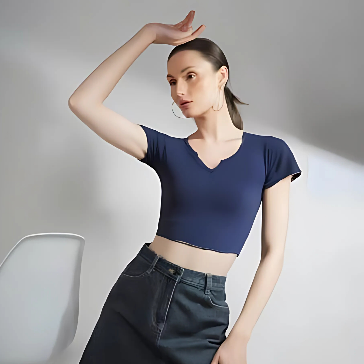 Navy Blue Solid Ribbed Crop top for Women