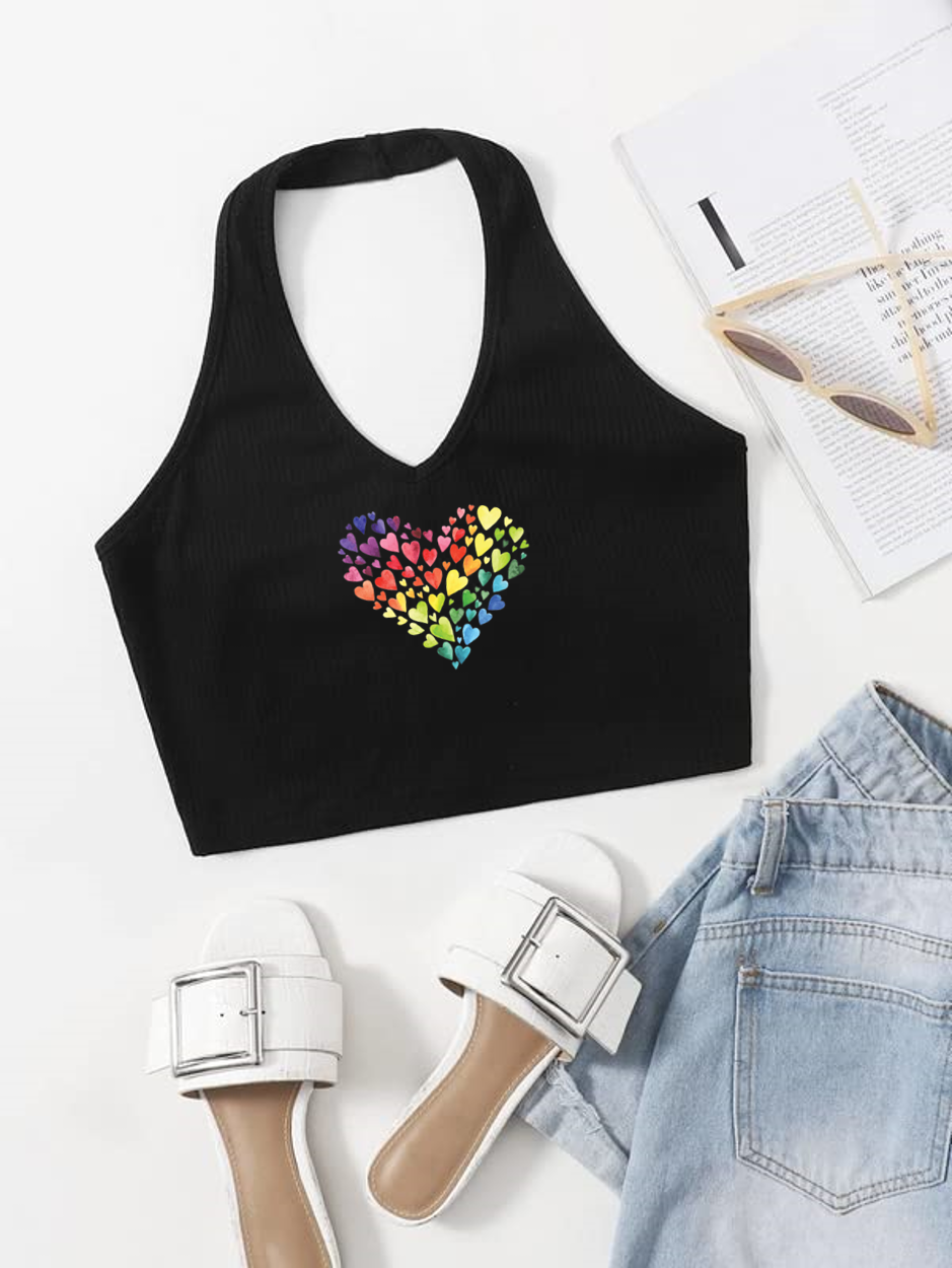 Printed Black Rib Halter Neck crop top for women