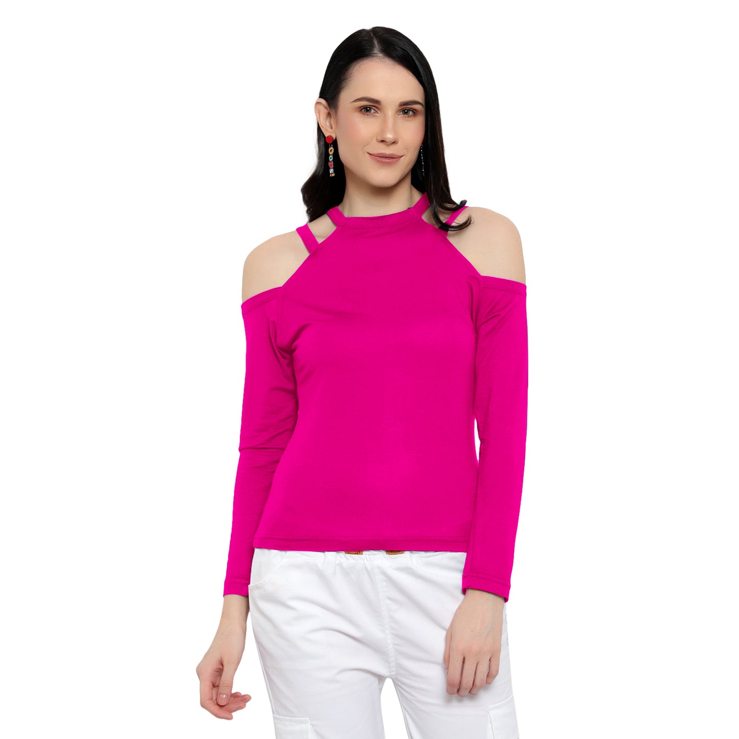 Solid Pink Cold Shoulder Top for Women