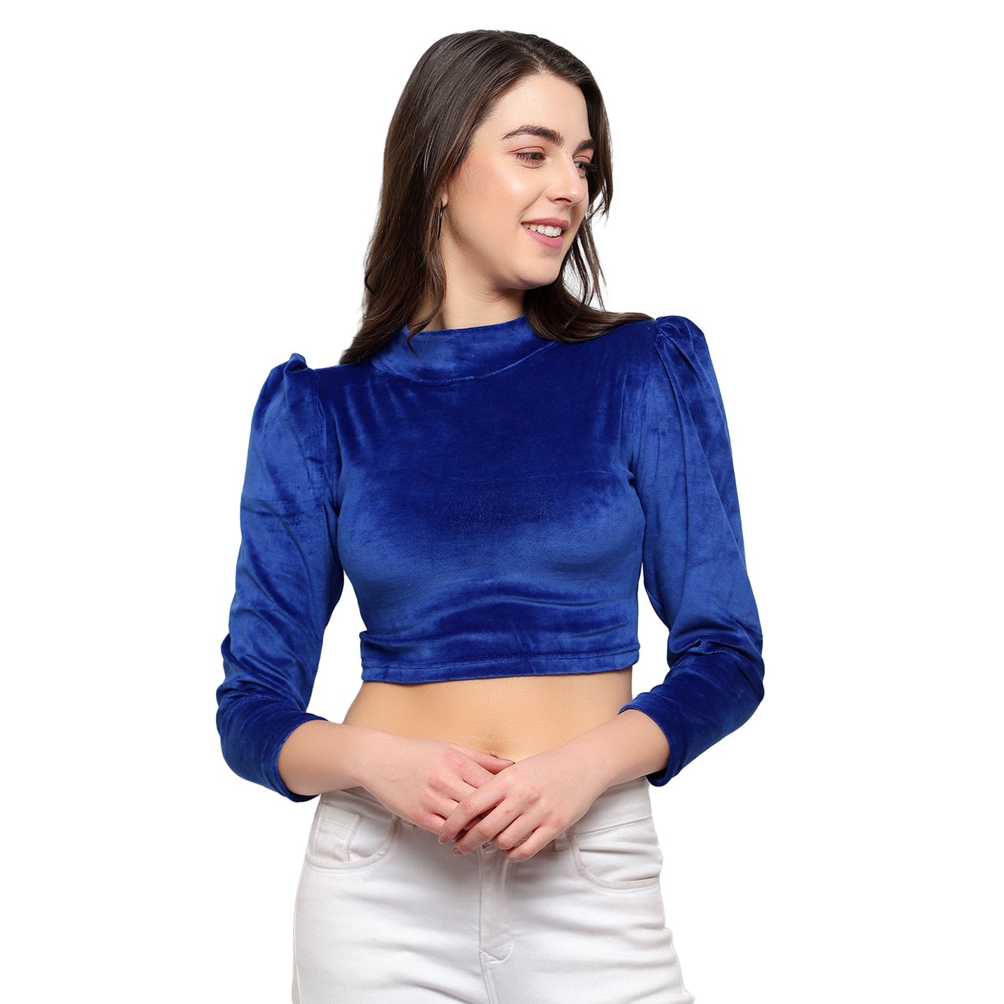 High Neck Velvet Puff Sleeve Top for Women