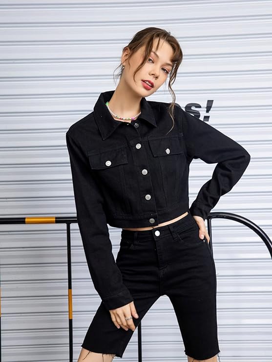 Black Casual Denim Jacket for Women