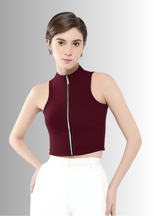 Maroon Ribbed Crop Top for Women | Stretchable | Sizes XS to M