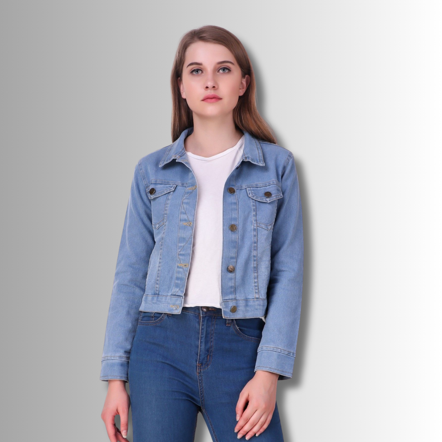 Light Blue Washed Look Denim Jacket for Women