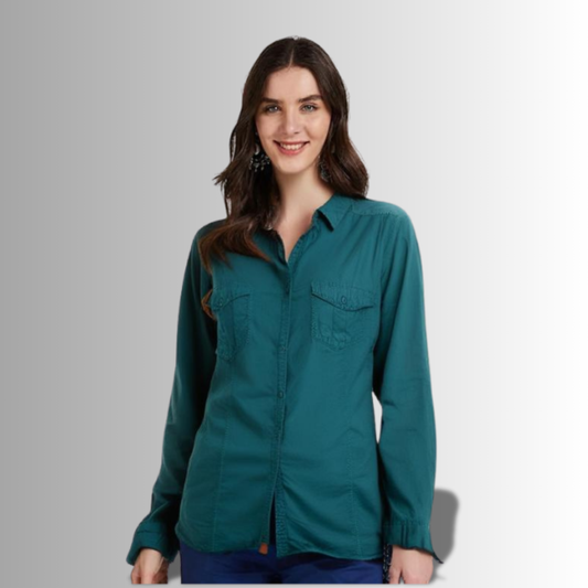 Bottle Green Cotton Denim Shirt for Women | 100% Cotton
