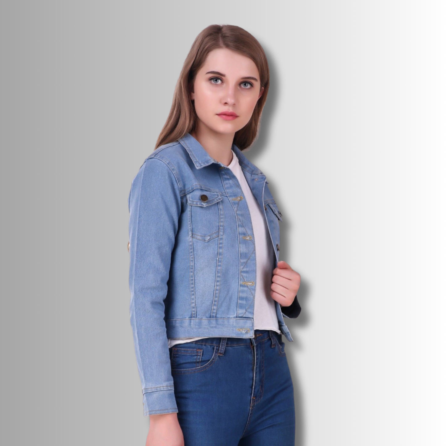 Light Blue Washed Look Denim Jacket for Women