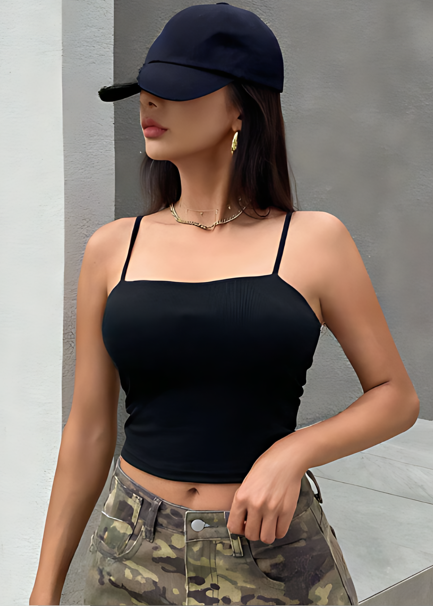 Black Ribbed Spaghettis Sleeveless Top for Women