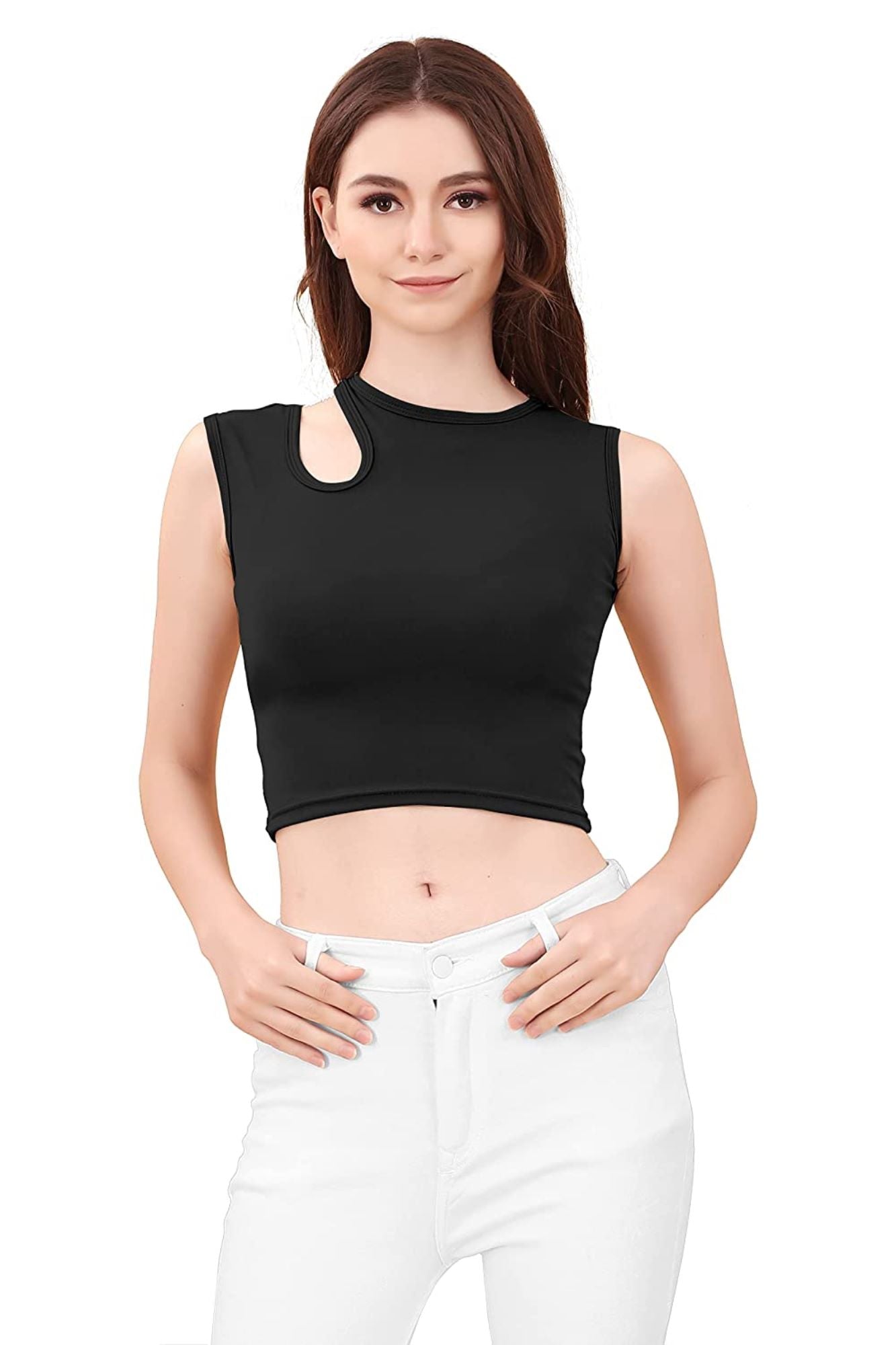 Black Rib Cutout Neck crop top for women