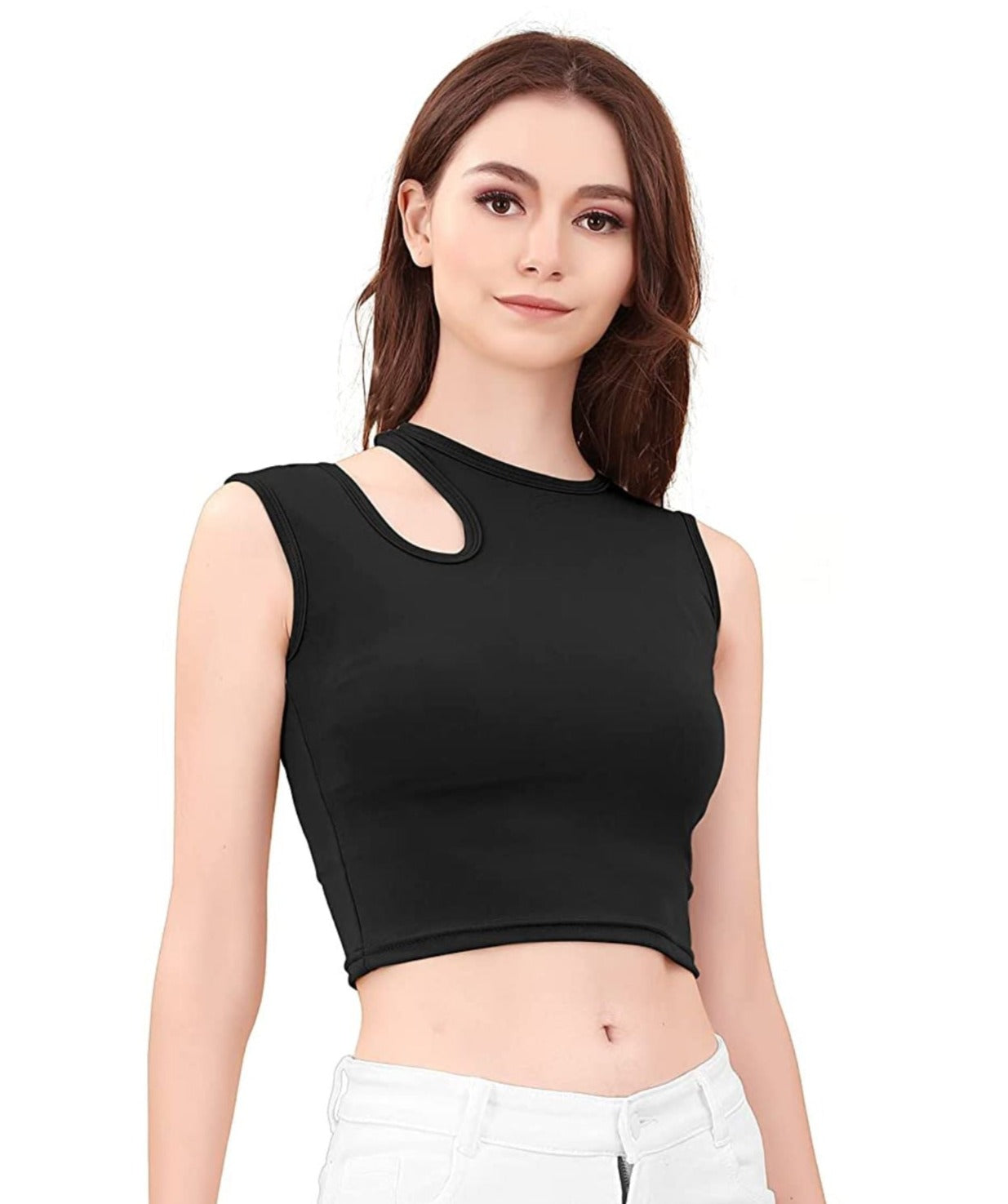 Black Rib Cutout Neck crop top for women