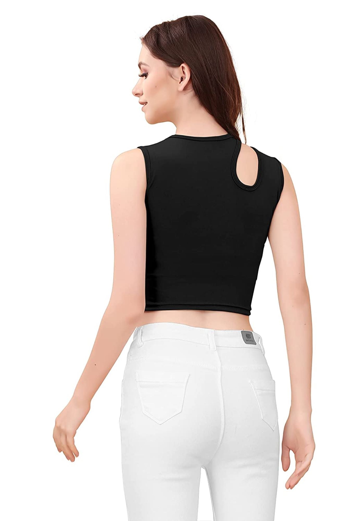 Black Rib Cutout Neck crop top for women