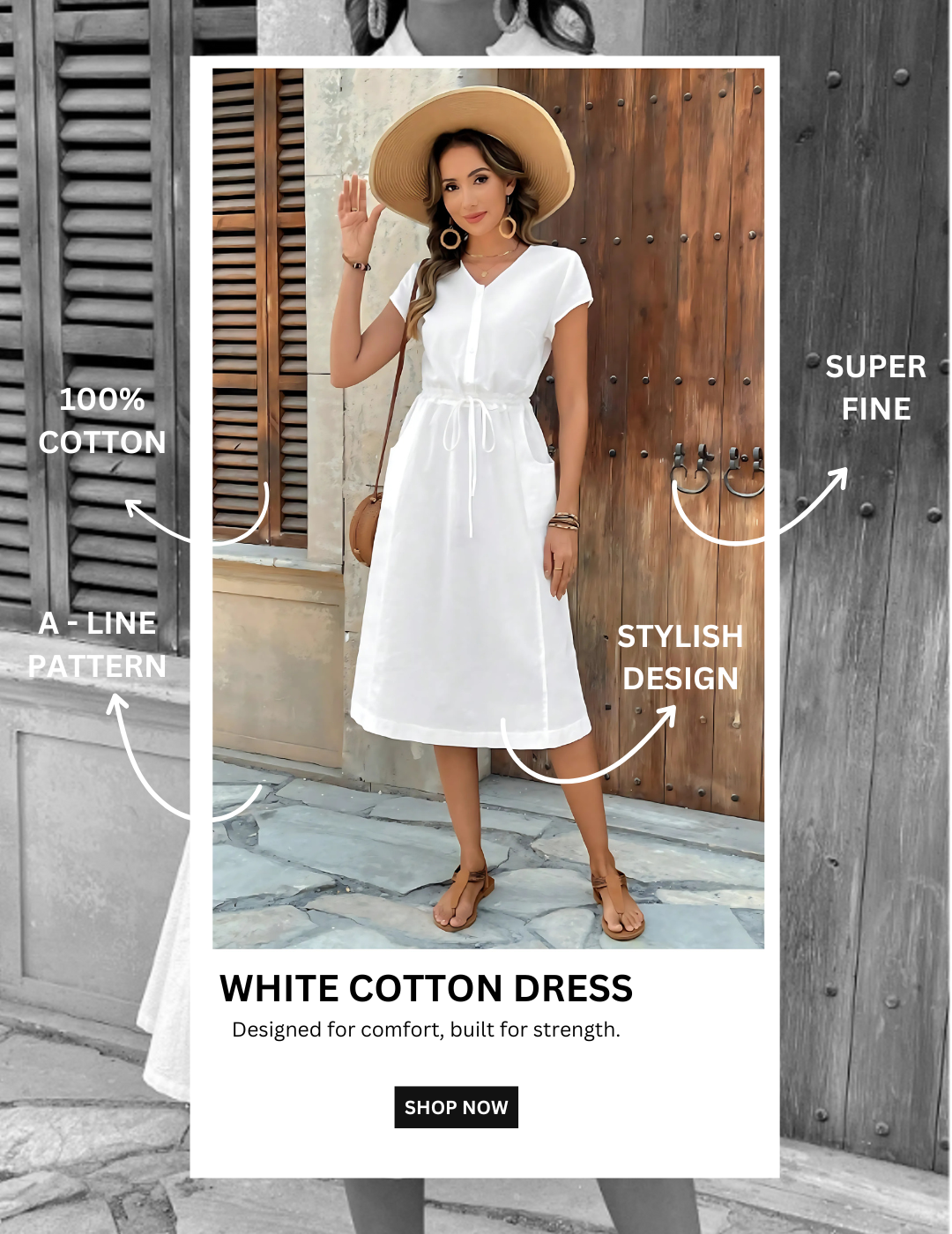 White 100% Cotton V-Neck Long Dress for Women | High-Quality | Sizes XS to 3XL