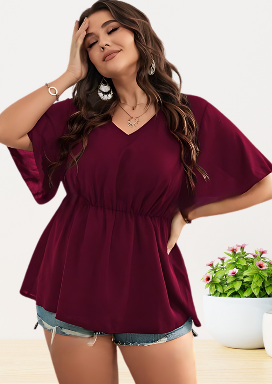 Solid V Neck Ranched Waist Top for Women
