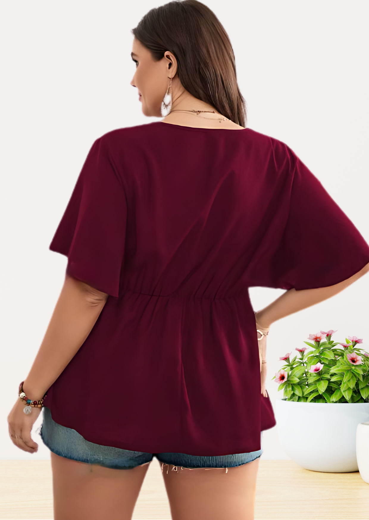 Solid V Neck Ranched Waist Top for Women