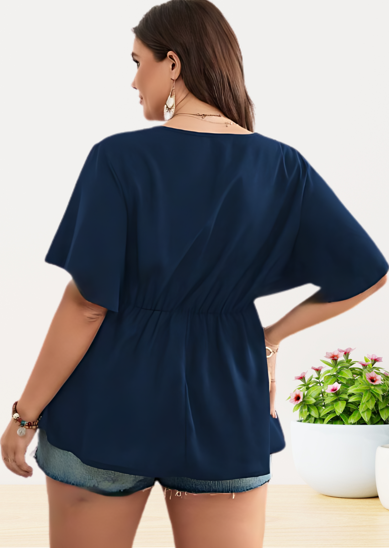 Solid V Neck Ranched Waist Top for Women