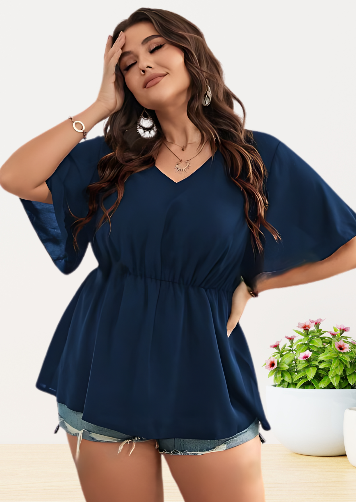 Solid V Neck Ranched Waist Top for Women