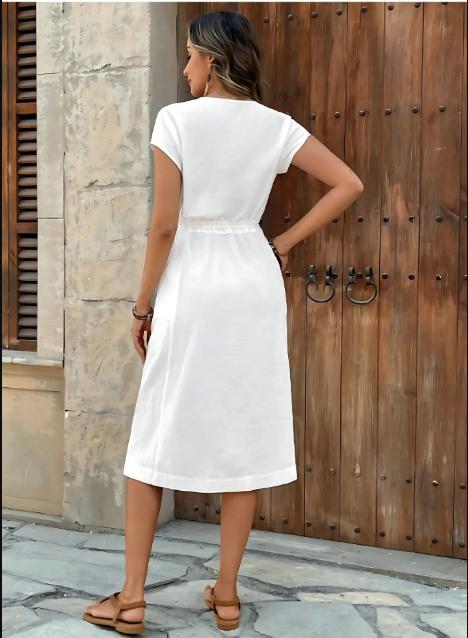 White 100% Cotton V-Neck Long Dress for Women | High-Quality | Sizes XS to 3XL