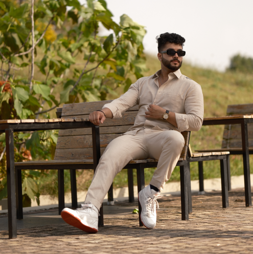 Natural - Cotton Linen Co-ord Set - Full Shirt Full Pant