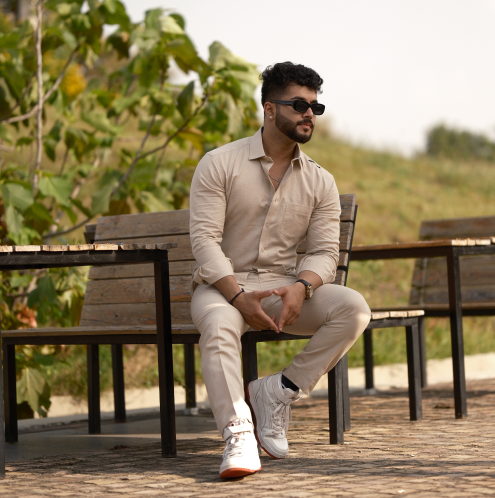 Natural - Cotton Linen Co-ord Set - Full Shirt Full Pant