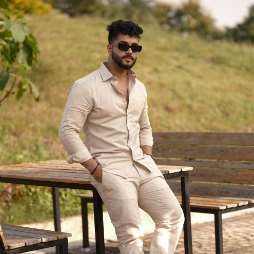 Natural - Cotton Linen Co-ord Set - Full Shirt Full Pant