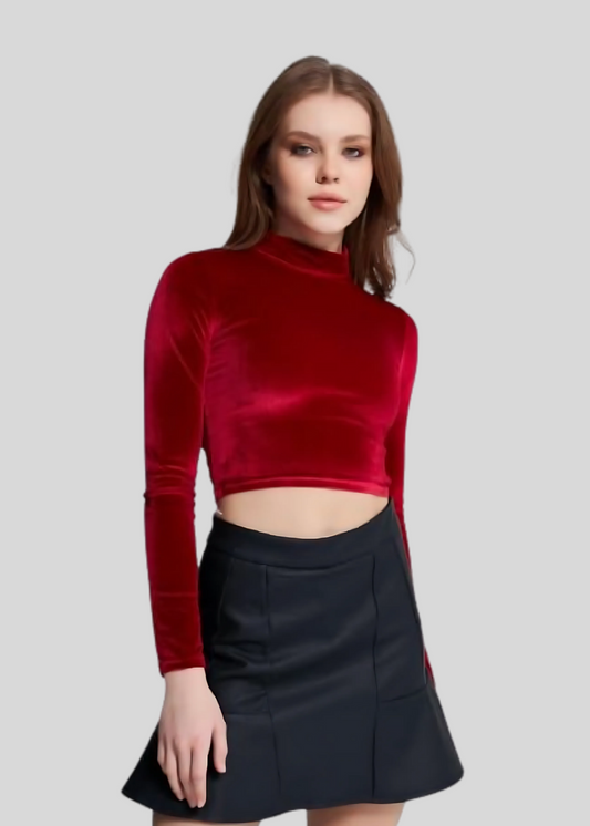 High Neck Velvet Crop Top for Women