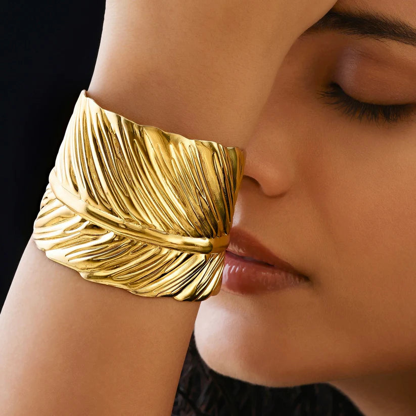 Gold Plated, Anti-Tarnish Golden Leaf Bangle Bracelet (Adjustable Size)