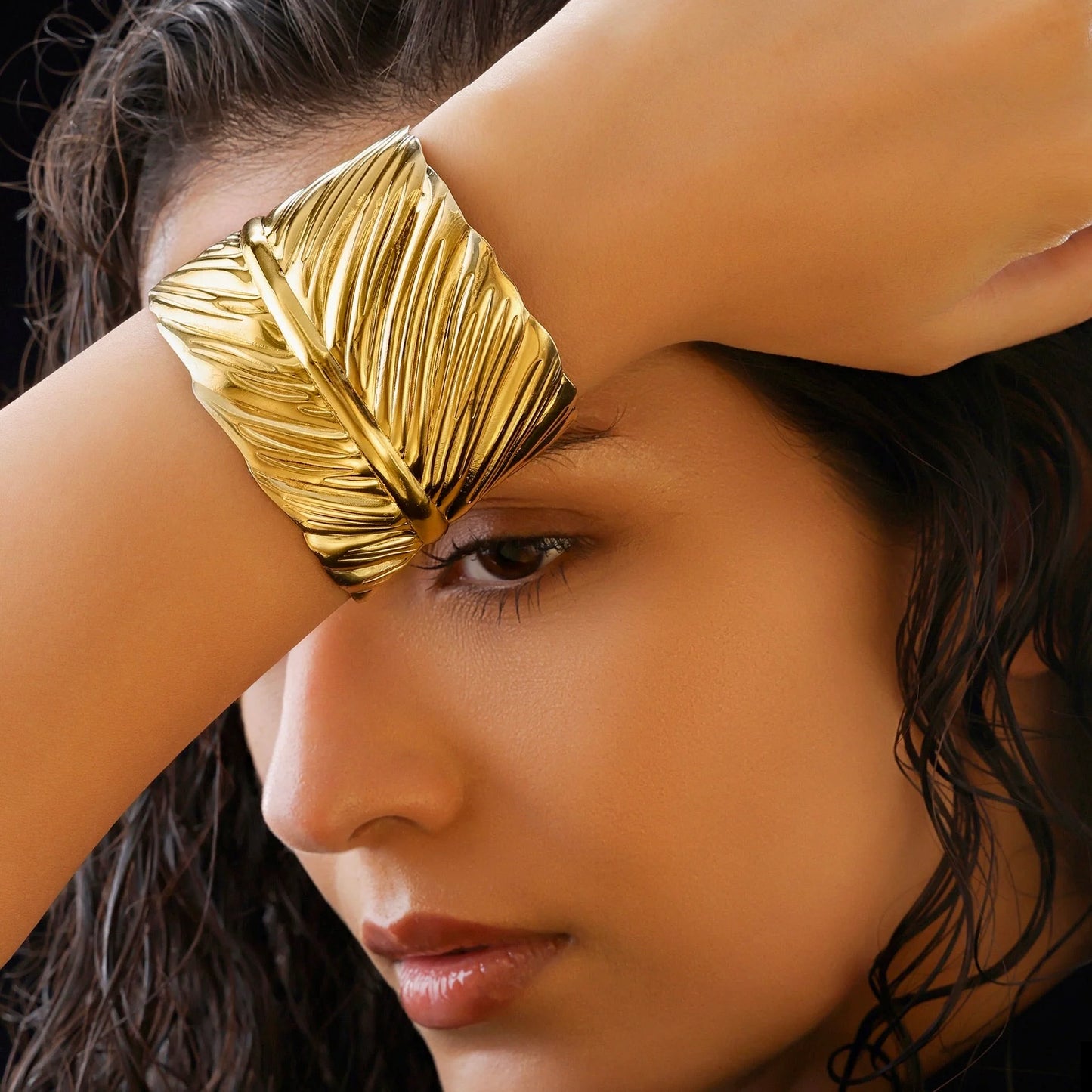 Gold Plated, Anti-Tarnish Golden Leaf Bangle Bracelet (Adjustable Size)