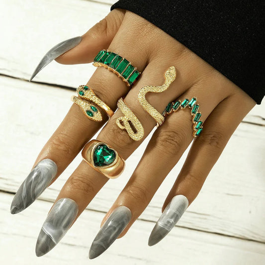 Gold Plated, 5 Anti-Tarnish Golden Snake & Emerald Rings Set✨