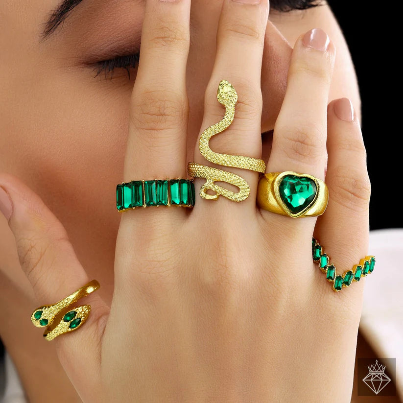 Gold Plated, 5 Anti-Tarnish Golden Snake & Emerald Rings Set✨