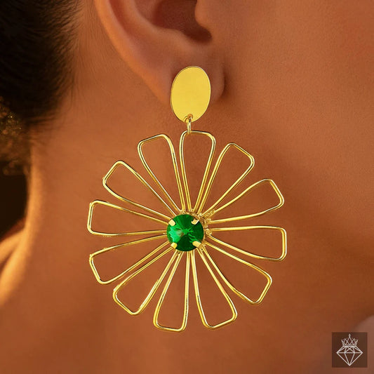 Gold Plated, Anti-Tarnish Golden Flower & Emerald Earrings✨