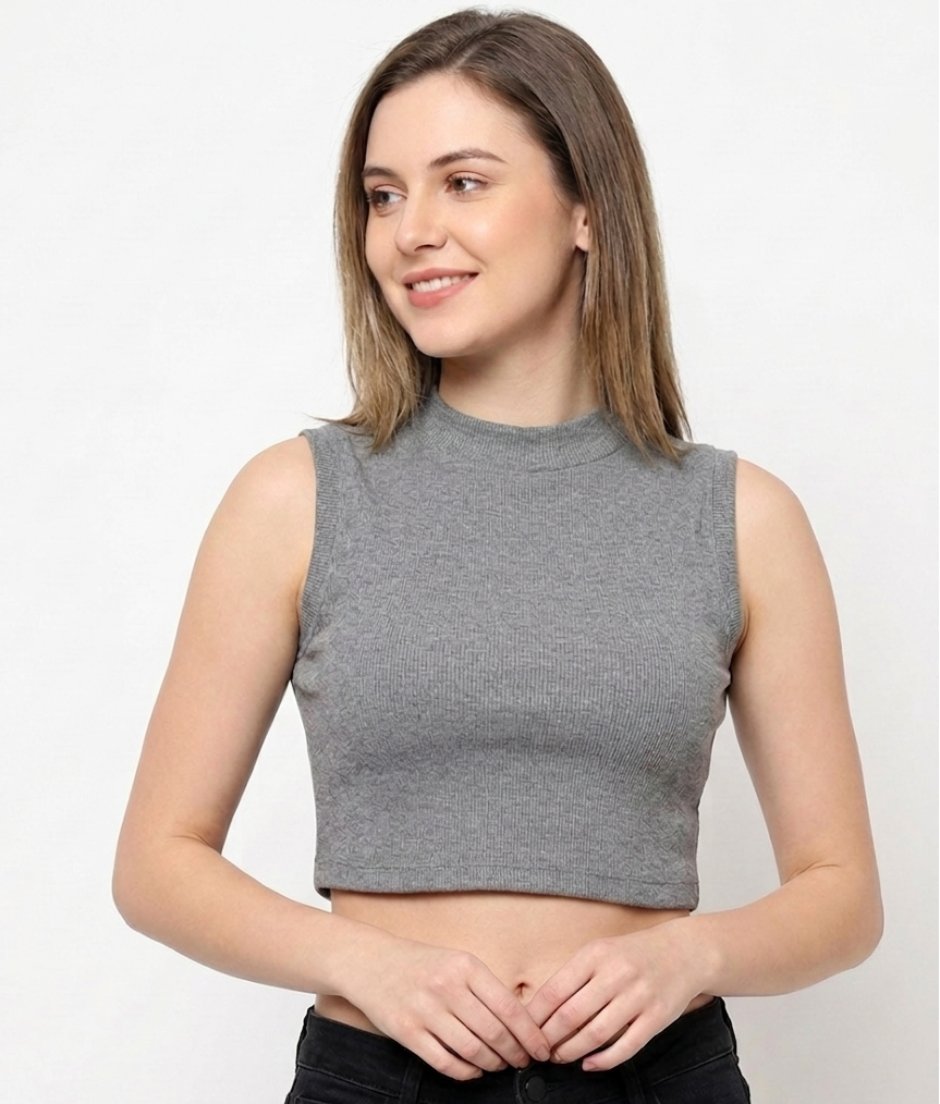 Mock Neck Ribbed Crop Top for Women | Stretchable | XS- XL