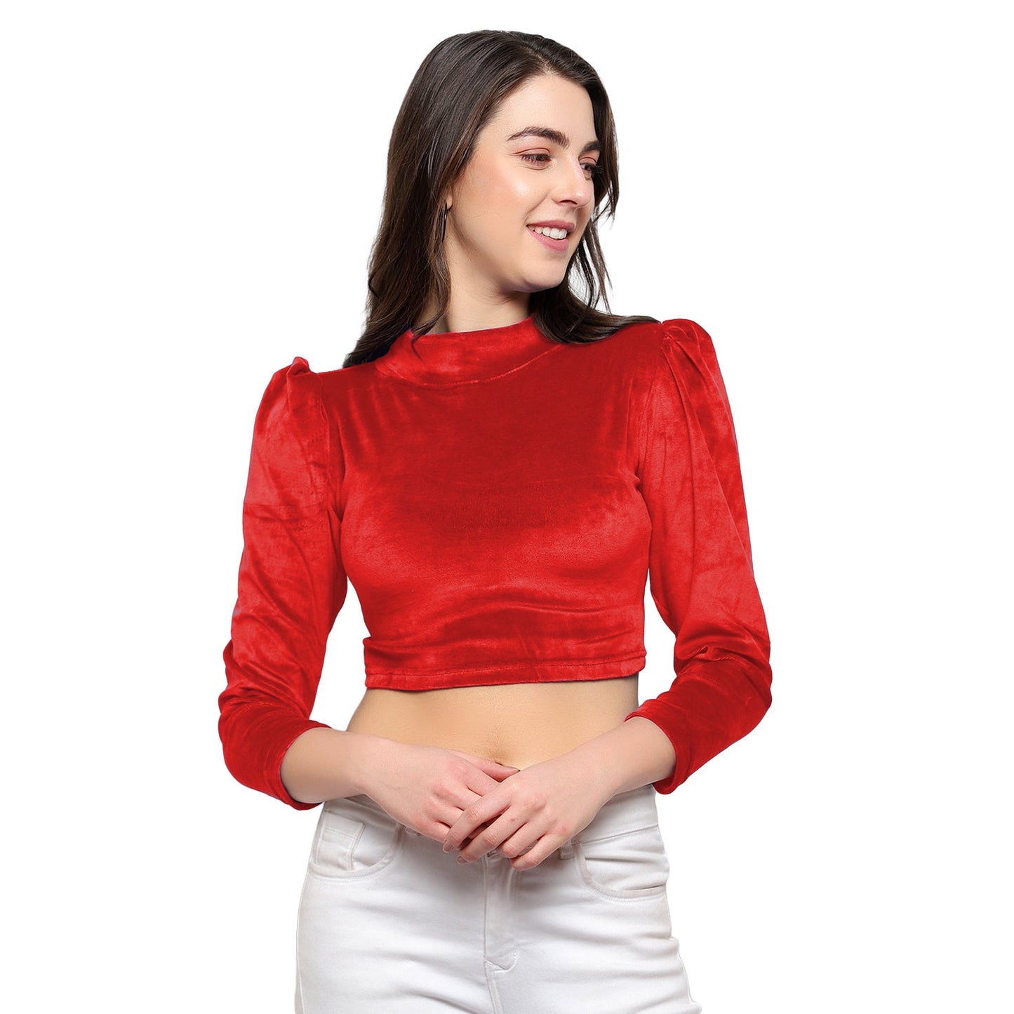 High Neck Velvet Puff Sleeve Top for Women