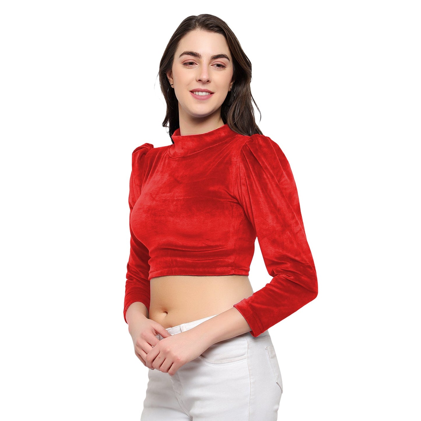 High Neck Velvet Puff Sleeve Top for Women