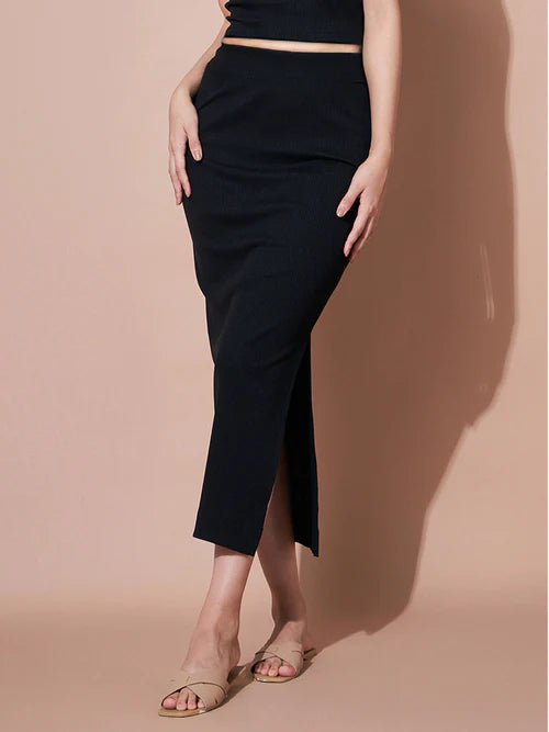 Solid Side slit ribbed Skirt for Women