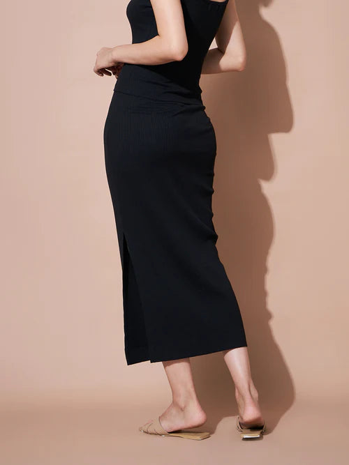 Solid Side slit ribbed Skirt for Women