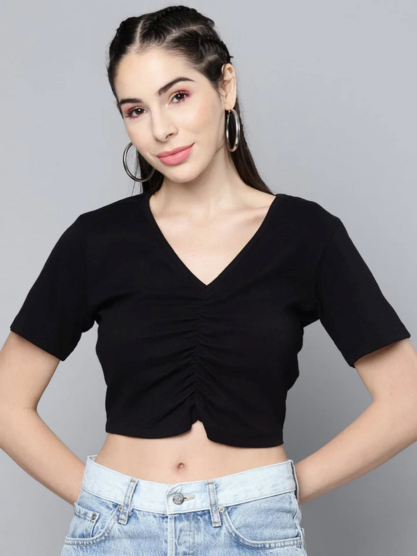 Black V Neck Ranched Crop Top