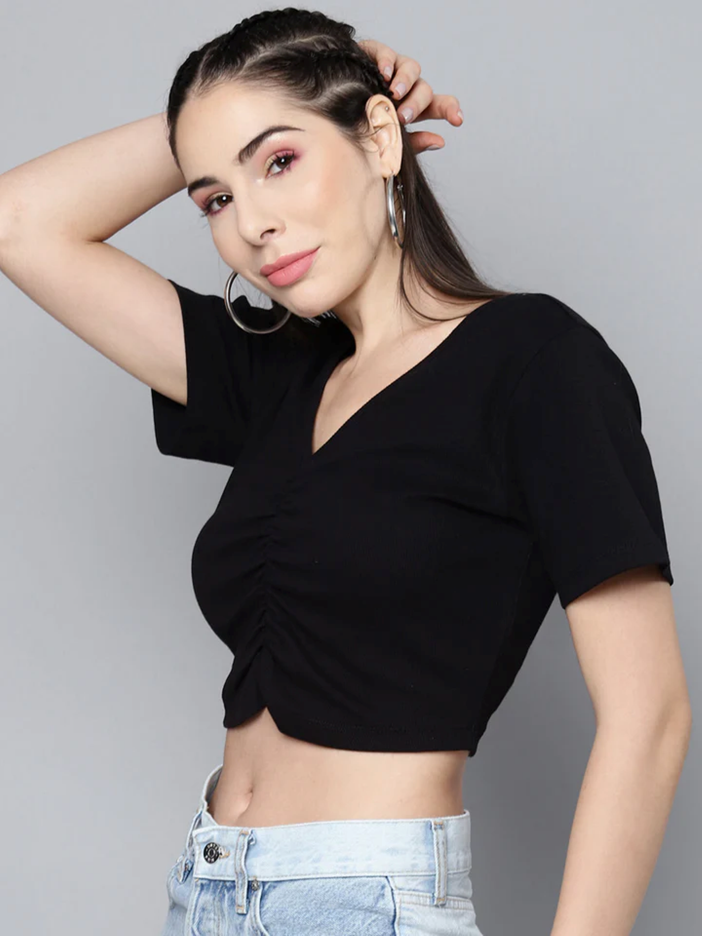 Black V Neck Ranched Crop Top