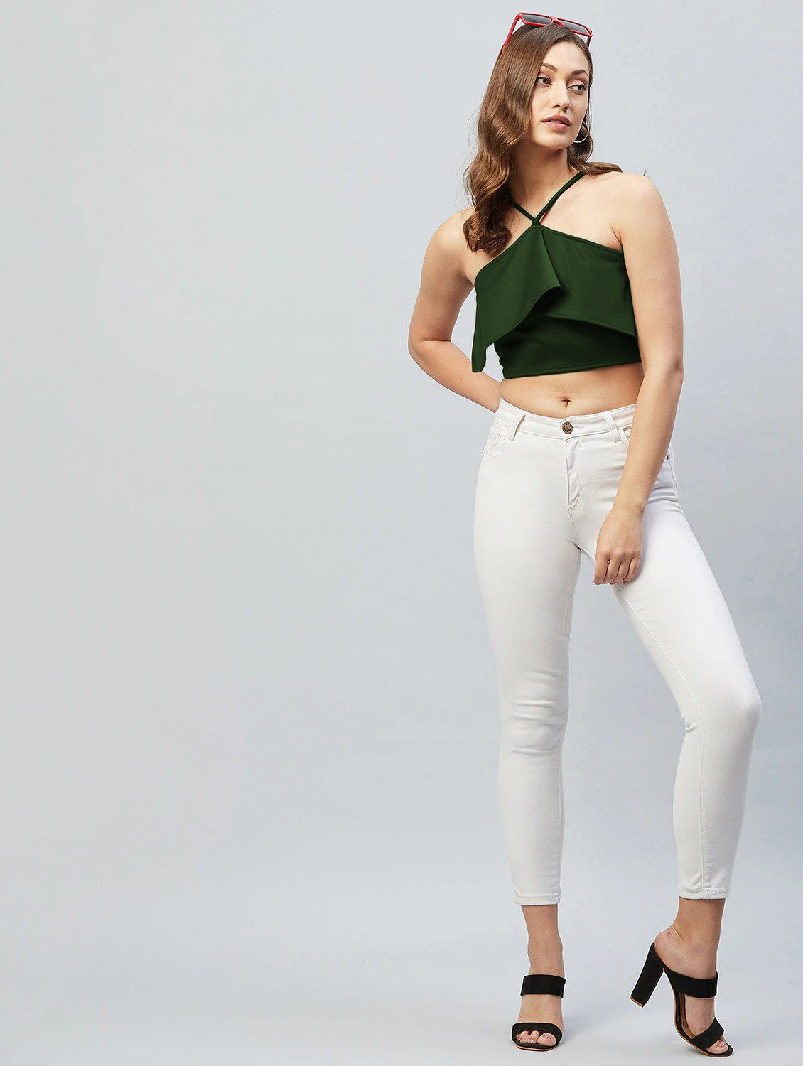 Olive Halter Neck Lycra Crop Top