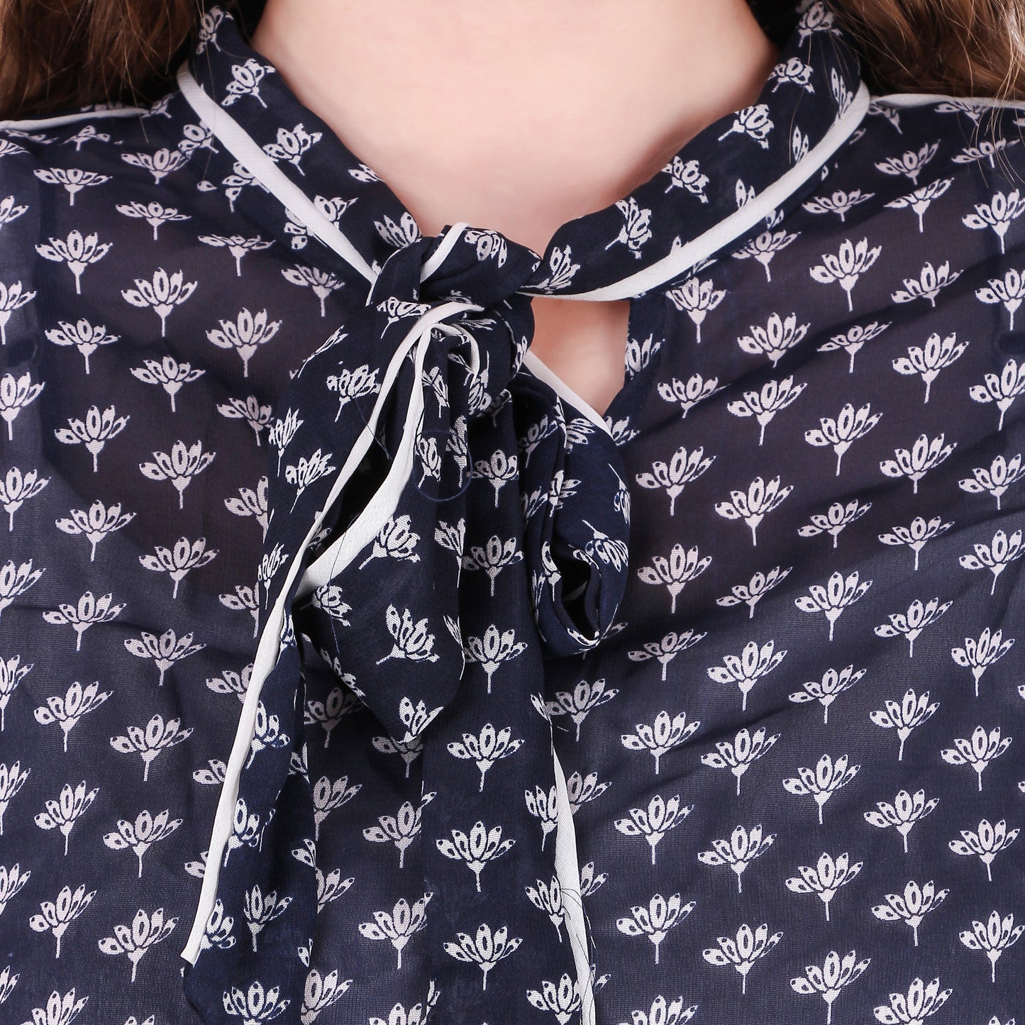 Blue Printed Tie Neck Georgette Top