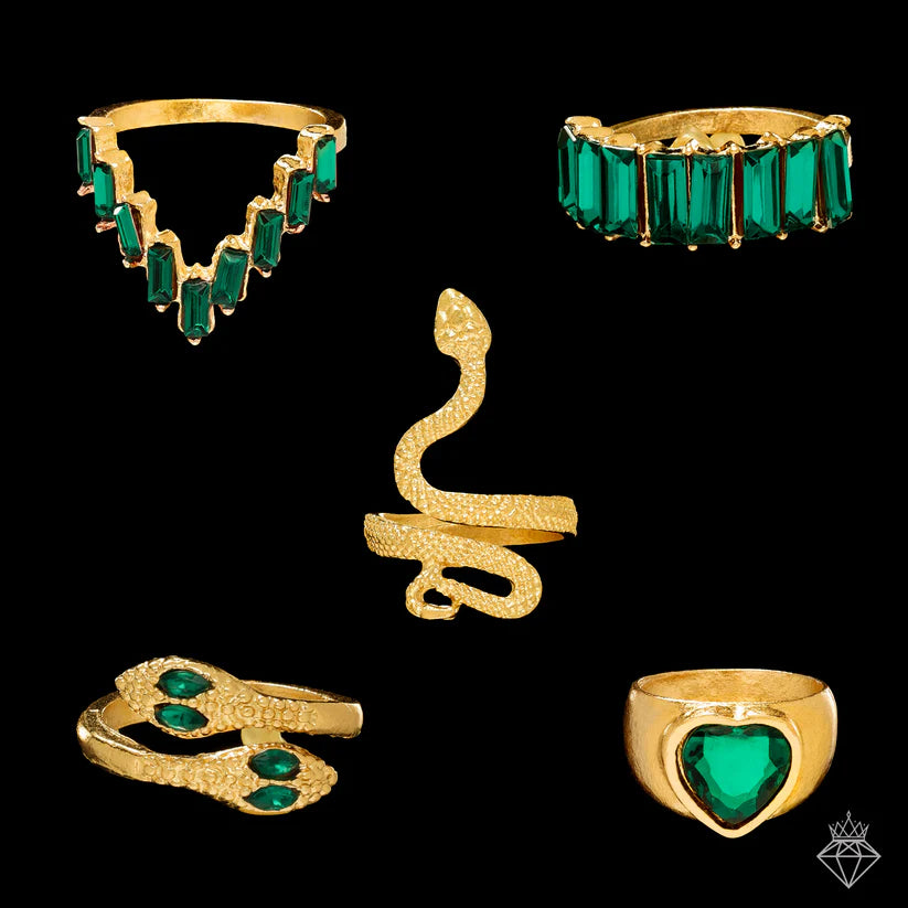 Gold Plated, 5 Anti-Tarnish Golden Snake & Emerald Rings Set✨