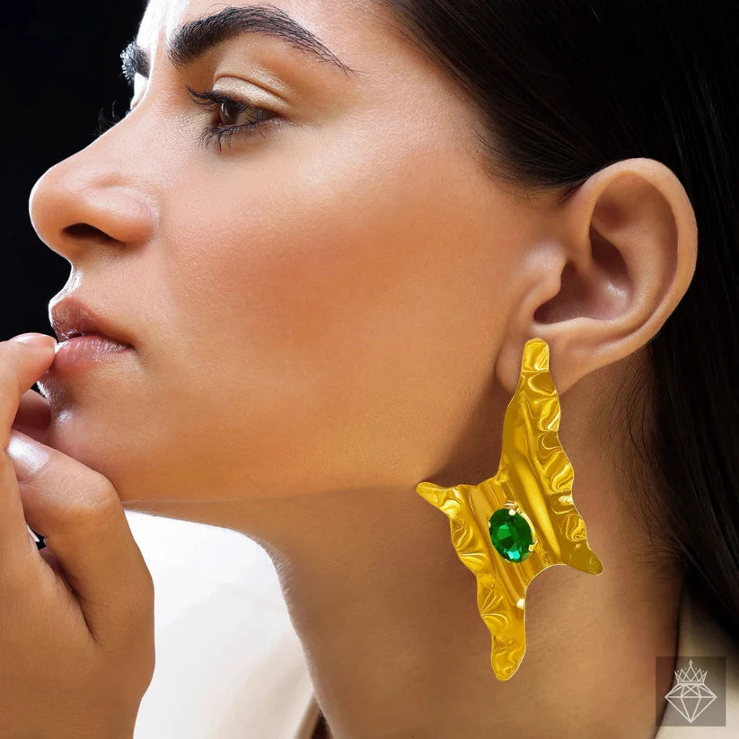 Gold Plated, Anti-Tarnish Thunderbolt Emerald Earrings✨