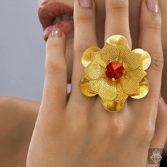 Gold Plated, Anti-Tarnish Ruby Lotus Ring (Adjustable Size)