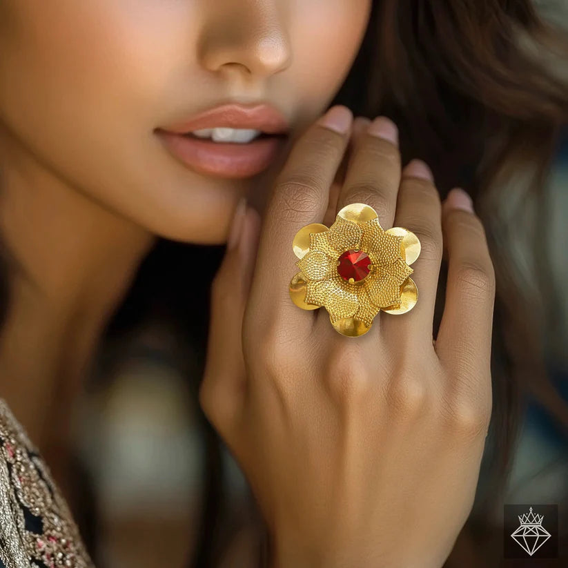 Gold Plated, Anti-Tarnish Ruby Lotus Ring (Adjustable Size)