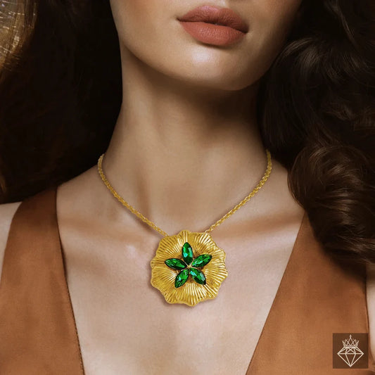 Gold Plated , Anti-Tarnish Emerald Flower Necklace✨