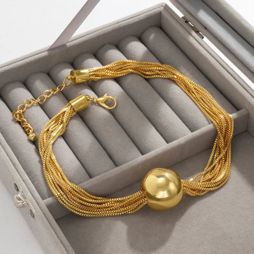 Gold Plated, Anti-Tarnish Golden Multi-Line Box Chain In Ball Bracelet✨