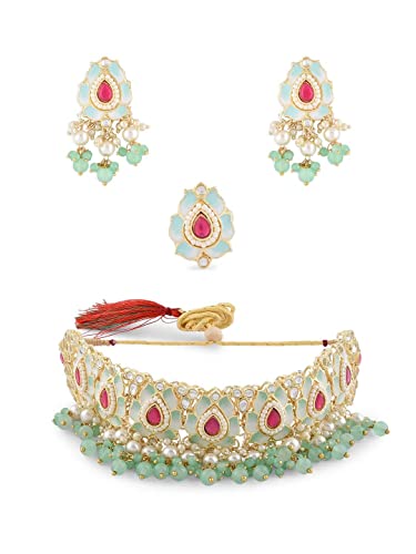 Pink & Green Lotus Design Meenakari Choker Necklace Earring & Ring Set For Women