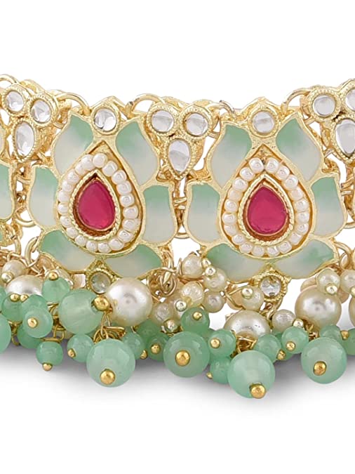 Pink & Green Lotus Design Meenakari Choker Necklace Earring & Ring Set For Women